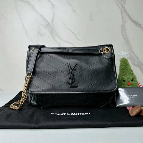 YSL NIKI中款黑金羊皮肩背包