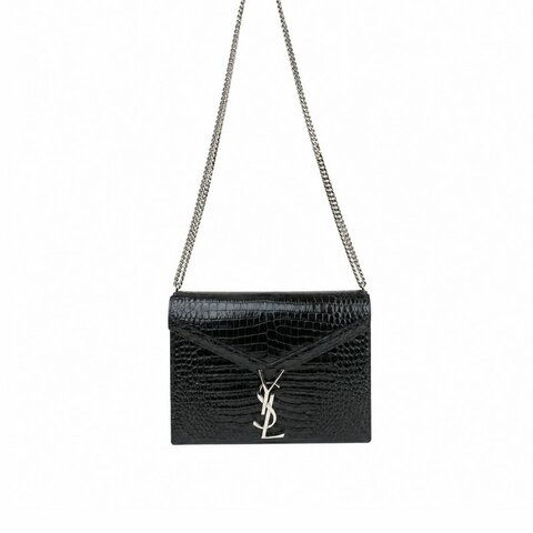 🖤 鑒定師的收藏 🖤 Saint Laurent YSL Cassandra 黑色鱷魚壓紋信封式鏈帶包｜亮面牛皮鏈袋肩背手拿包｜YSL 經典信封包｜冷冽黑銀、法式俐落美學