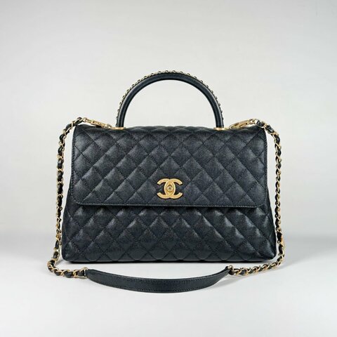 CHANEL 限量 黑色 魚子醬紋 霧金鍊 大號 皮穿鏈 提把 Coco Handle包 A92992