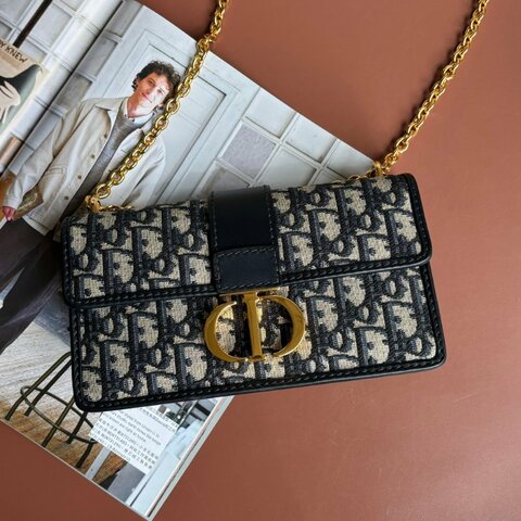 ::Dior:: 30 Montaigne East-West 附鏈帶包藍色 Dior Oblique 緹花蒙田鏈帶包