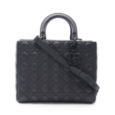 Dior Lady Christian Dior 大 Cannage Matte 兩用手提包 黑色二手女皮革
