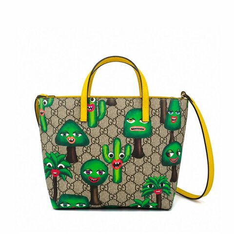 GUCCI 古馳微笑植物托特包｜Smiling Plant Tote Bag 老花帆布 塗鴉印花肩背包｜KÉSH 凱仕精品