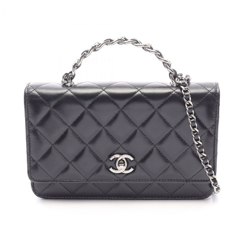 香奈兒 (CHANEL) 絎縫手柄鏈條斜挎單肩包，羊皮材質，黑色，銀色五金