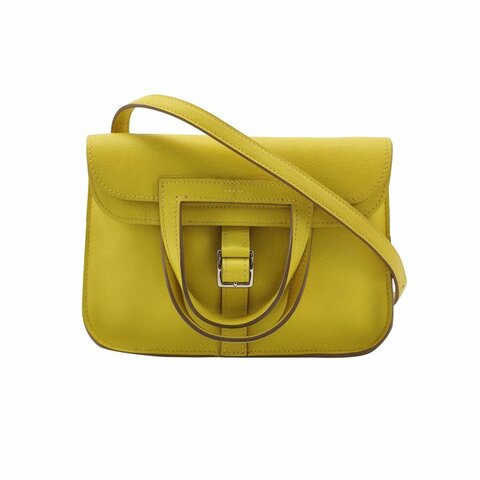 Hermes Halzan迷你馬鐙形手柄斜挎包單肩包Swift牛皮銀扣9N檸檬黃A刻