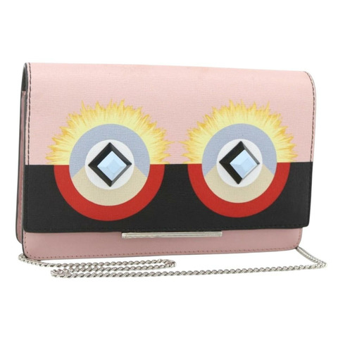 FENDI 鏈條皮夾 Monster 單肩包 皮革 粉紅色 銀色 正品 ka4337A