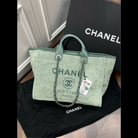 Chanel香奈兒 18C薄荷綠毛呢銀扣沙灘包