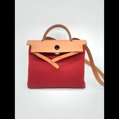 Hermès/愛馬仕  胭脂紅帆布拼棕 Herbag31 手提單肩包