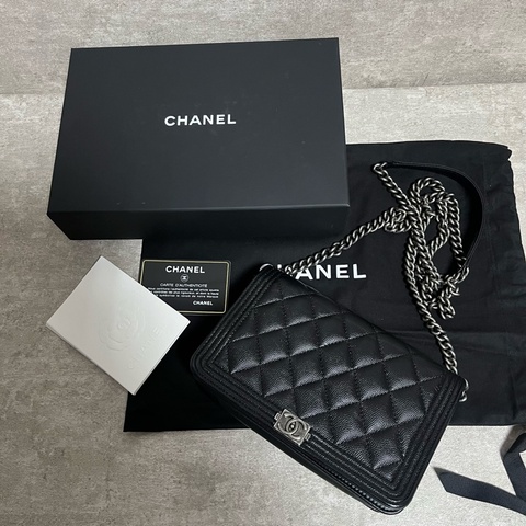 正品 Chanel woc經典黑銀荔枝皮