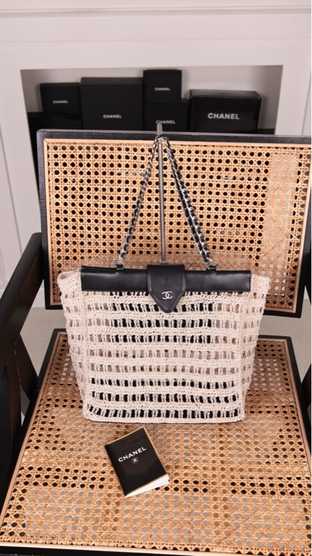 Chanel 5开米色拼皮镂空网兜链条包