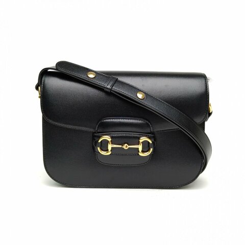 GUCCI Horsebit馬銜扣1955系列黑色牛皮金扣肩背包