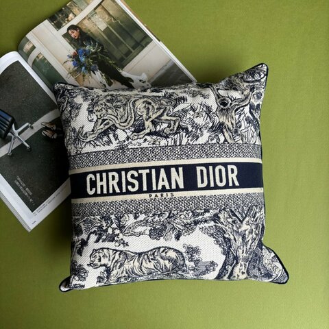 ::Christian Dior:: 方形抱枕 藍色 Toile de Jouy 法式印花刺繡圖騰抱枕