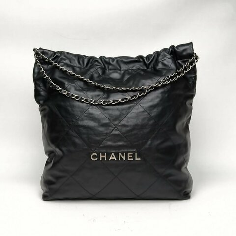 CHANEL 22BagTote托特包大號黑色牛皮晶片銀扣肩背包