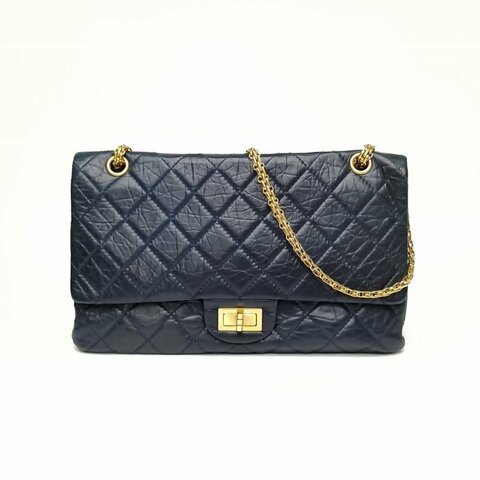 CHANEL 2.55口蓋包MAXI藍色牛皮14開金扣肩背包
