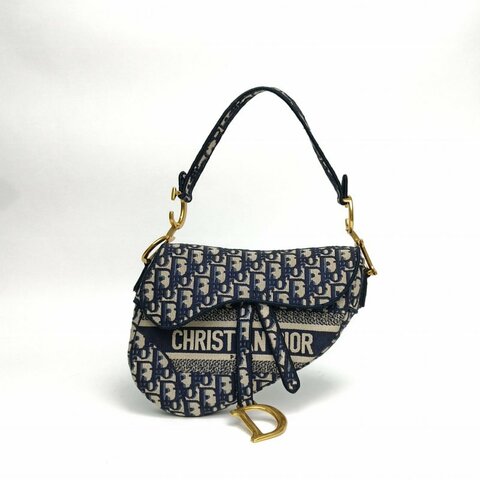 DIOR SADDLE馬鞍中號藍色帆布金扣印花字母刺繡肩背包
