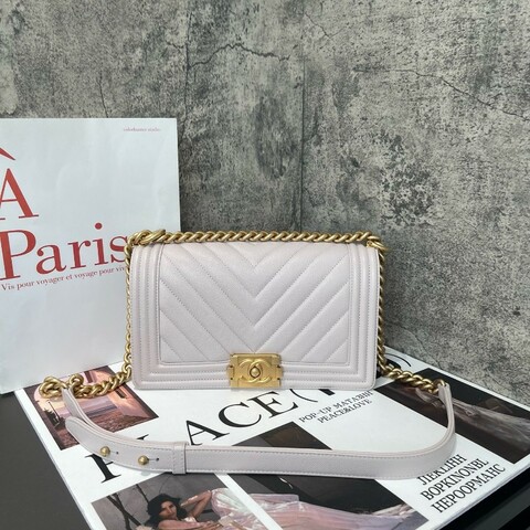 Chanel leboy 金屬logo字母鏈條包 淡粉色 25cm中號
