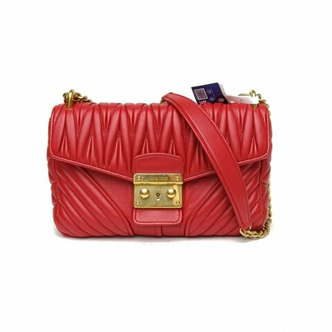 MIU MIU 紅色羊皮金扣褶皺鏈條包郵差包肩背包