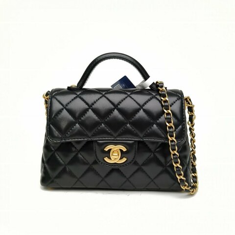 CHANEL 黑色羊皮晶片金扣25pkelly鏈條斜挎包肩背包