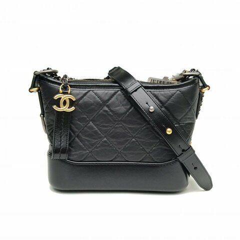 CHANEL GABRIELLE流浪小號黑色牛皮晶片金扣肩背包