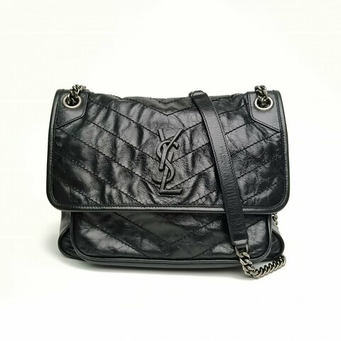 SAINT LAURENT Niki中號D扣黑色牛皮銀扣肩背包