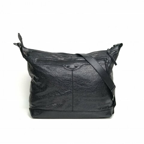 BALENCIAGA 黑色牛皮黑扣機車郵差斜挎單肩包肩背包