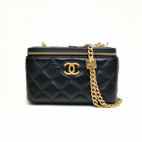 CHANEL 黑色羊皮金扣23B金柱黑金化妝盒斜挎包肩背包