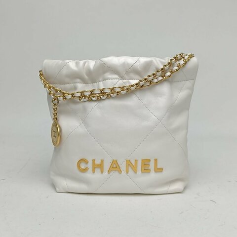CHANEL 22BagTote托特包Mini白色牛皮晶片金扣肩背包
