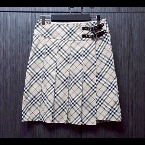 （日本製MIJ）絕版BURBERRY 博柏利 BLUE LABEL 藍標 牛革 女卡其經典格紋彈性及膝百褶裙38號