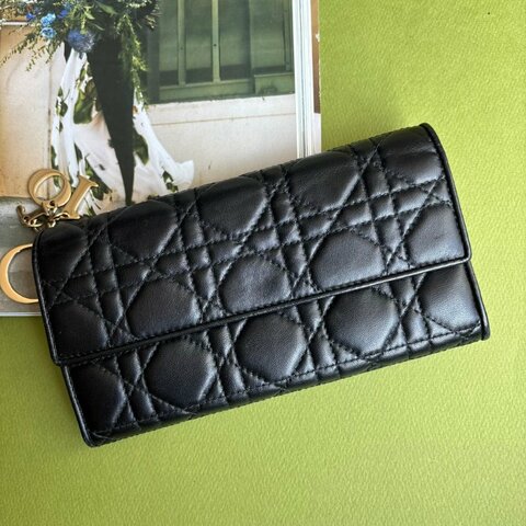 ::Christian Dior:: Dior Lady Dior 黑色騰格紋小羊皮釦式長夾