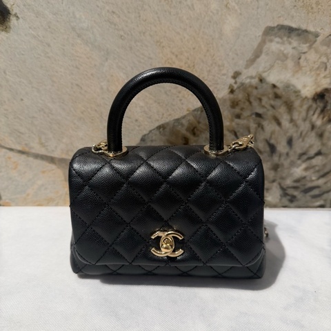 Chanel黑淡金荔枝牛coco handle側背包