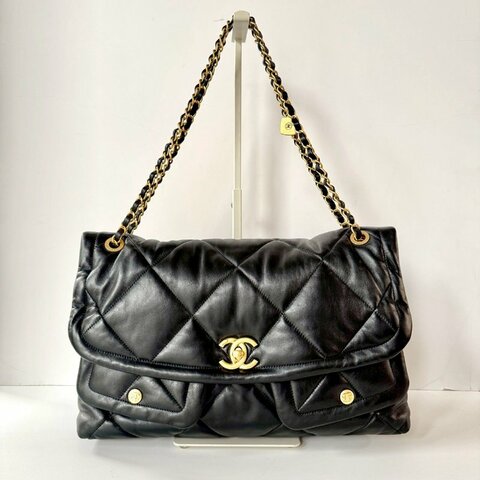 CHANEL 25k 黑色 金鏈 小羊皮 雙口袋 菱格紋 大型 HOBO 肩背包 AS5727