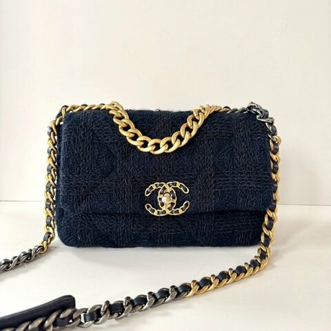 CHANEL 19系列 藍色 毛呢 保卡款 手提 斜挎 小號 口蓋包 AS1160