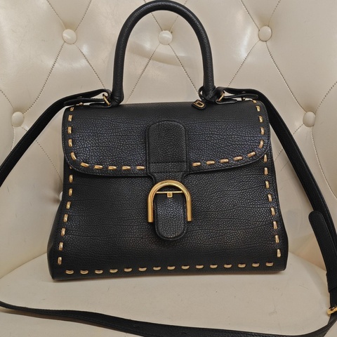 德爾沃/Delvaux Brilliant 黑金蛇骨鏈外縫鑲邊全皮款手提肩挎包 尺寸:30*20*15