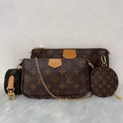 LV M44813 原花字紋老花綠色織帶 麻將包三合一肩背包斜背包手拿包零錢包郵差包腋下包