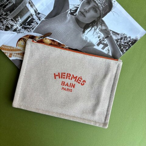 ::Hermès:: Bain New Yachting case 化妝包橘色拼接 皮革拉鍊頭 棉麻帆布收納包 小袋