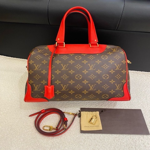 99新Louis Vuitton 路易威登 老花拼紅色Retiro手提包，尺寸31*15*22 配件塵袋 肩帶 鎖 鑰匙