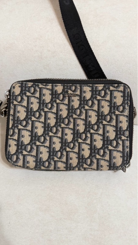 Christian Dior 經典 Oblique 緹花斜背包配有黑色皮革滾邊