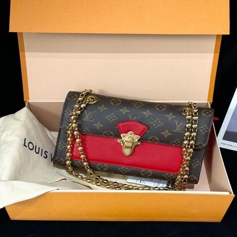 99新Louis Vuitton 路易威登 Victoire老花拼紅色維多利亞手提單肩斜挎鏈條包 18編碼 ➕芯片 扣膜