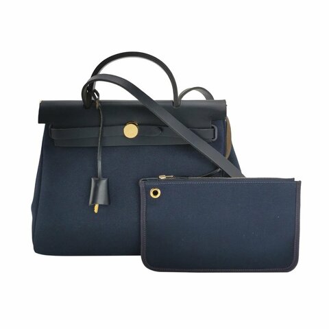 Hermes Herbag31子母包斜背包單肩包Hunter牛皮帆布金扣7U海軍藍藍色Z刻