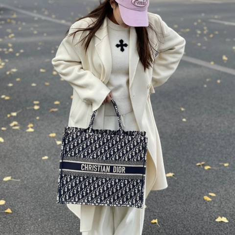 Dior 迪奧 藍色 Oblique 刺繡帆布 Book Tote 大號 托特包 手提包 購物包 M1286ZRIW_M828