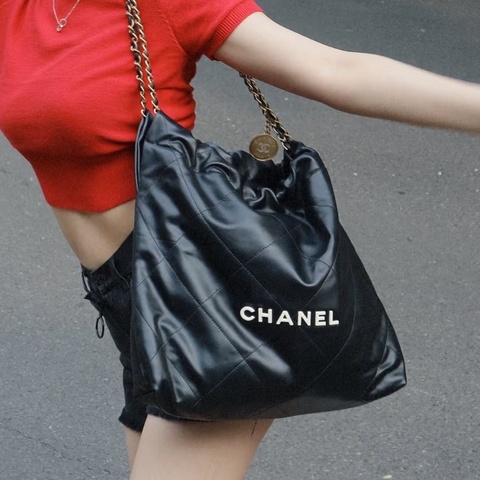 CHANEL香奈兒22Bag中號黑色全皮白Logo子母垃圾袋包 🈶購證芯片款🪼