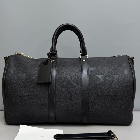 Louis Vuitton路易威登 Keepall45黑色全皮壓紋大logo旅行包  芯片 無肩帶
