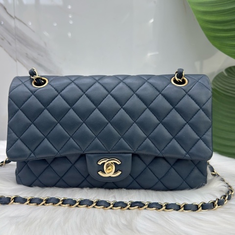 Chanel香奈兒藍色羊皮中號CF鏈條包 23開 小羊皮菱格紋+雙C金扣