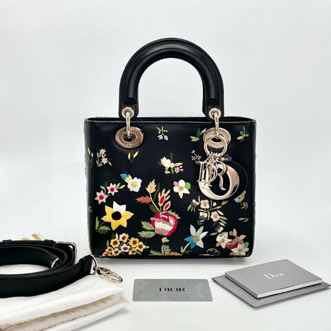 DIOR 黑金高級刺繡 四格黛妃手提肩背斜背包 20*17*9 98新配件塵袋