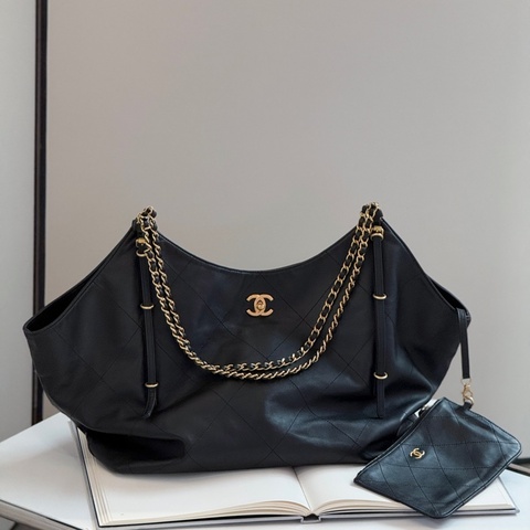 香奈兒Chanel 25s tote 大托特maxi購物袋黑金牛皮單肩包 芯片款