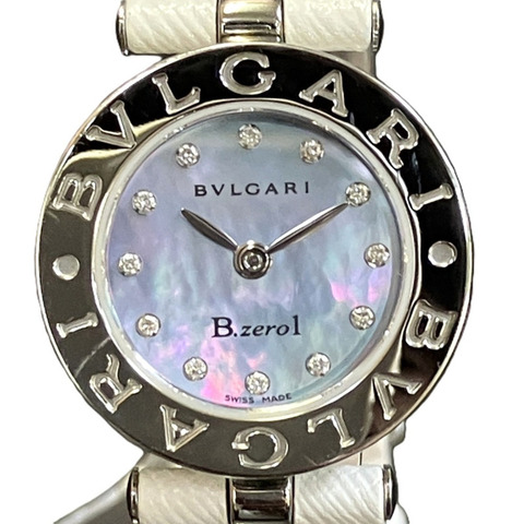寶格麗 BVLGARI B.zero1 腕錶，總重 25.7 克，精鋼錶殼，真皮錶帶，鑲嵌鑽石，石英機芯，珍珠貝母錶盤，型號 BZ22S
