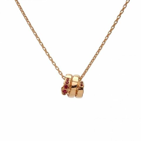 BVLGARI SerpentiViper三圈蛇頭項鏈紅寶石18K玫瑰金