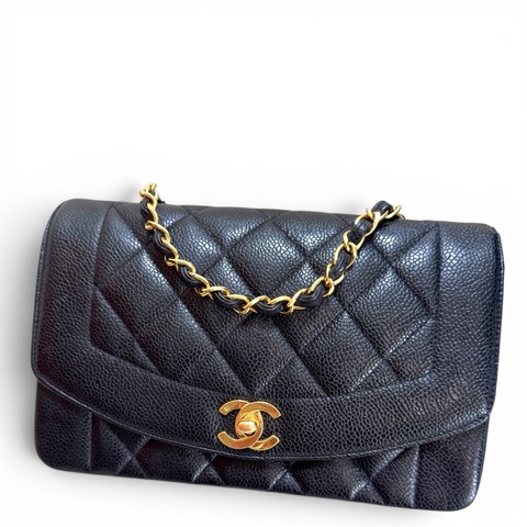 Chanel Vintage Diana 包黑金荔枝牛皮小號 23 cm