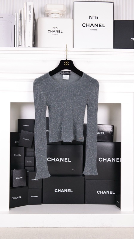 Chanel 99年蓝色细闪羊毛针织圆领长袖上衣