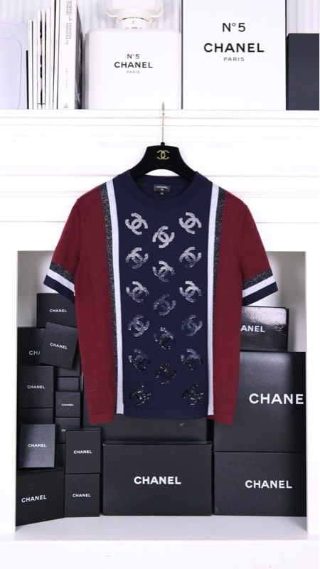 Chanel 23B酒红色拼深蓝色亮片cc针织短袖上衣外套