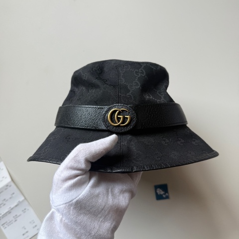 💖914intheair 『閒置少用』GUCCI 古馳 經典GG LOGO supreme 帆布皮革飾邊漁夫帽(黑576587-4HG53-1060)